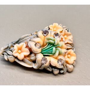 Vintage Lily Flower Rhinestone Brooch Pastel Molded Plastic Floral Pin 1950s